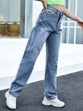 「binfenxie」Blue High Waist Straight Jeans, Loose Fit High Rise Slash Pockets Extra Long Denim Pants, Women's Denim Jeans & Clothing