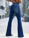 「binfenxie」Blue High Waist Flared Jeans, Bell Bottom Single-Breasted Button Slash Pockets Denim Pants, Women's Denim Jeans & Clothing