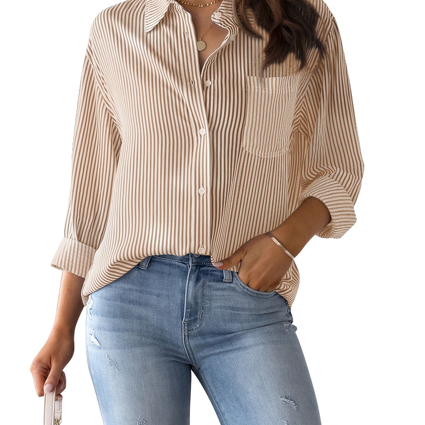 「binfenxie」Women's Loose Striped Blouse, Crew Neck Long Sleeve Blouse, Casual Every Day Blouse, Women's Clothing