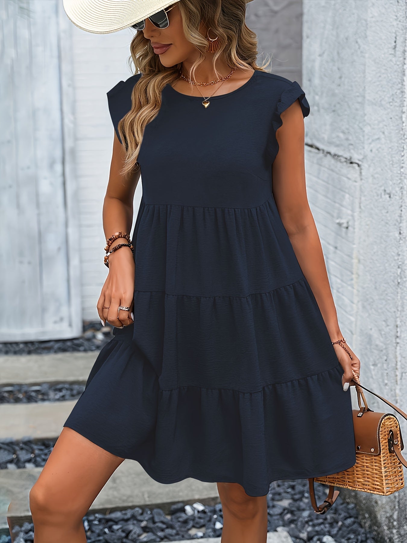 「binfenxie」Versatile Ruffle Sleeve Dress, Casual Crew Neck Ruched Dress For Spring & Summer, Women's Clothing