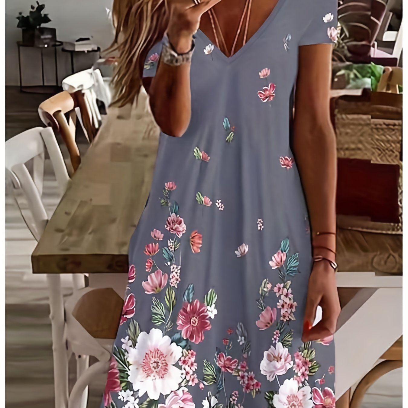 「binfenxie」Floral Print Short Sleeve Dress, V Neck Casual Dress For Summer & Spring, Women's Clothing