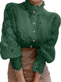 「binfenxie」Women's Blouse Lace Puff Sleeve Lantern Sleeve Solid Pleated Women Blouse