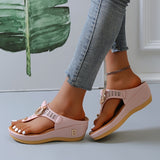 「binfenxie」Women's Faux Leather Wedge Slide Sandals - Fashionable Letter Detail Flatform Thong Sandals for Women's Footwear