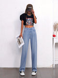 「binfenxie」Ripped Water Ripple Embossed Denim Pants, Slash Pocket Causal Style Straight Leg Jeans, Essential Pants For Every Day, Women's Denim Jeans & Clothing