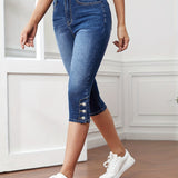 「binfenxie」Blue Slim Fit Denim Shorts, High-Stretch Side Single-Breasted Button Capris Short Denim Pants, Women's Denim Jeans & Clothing