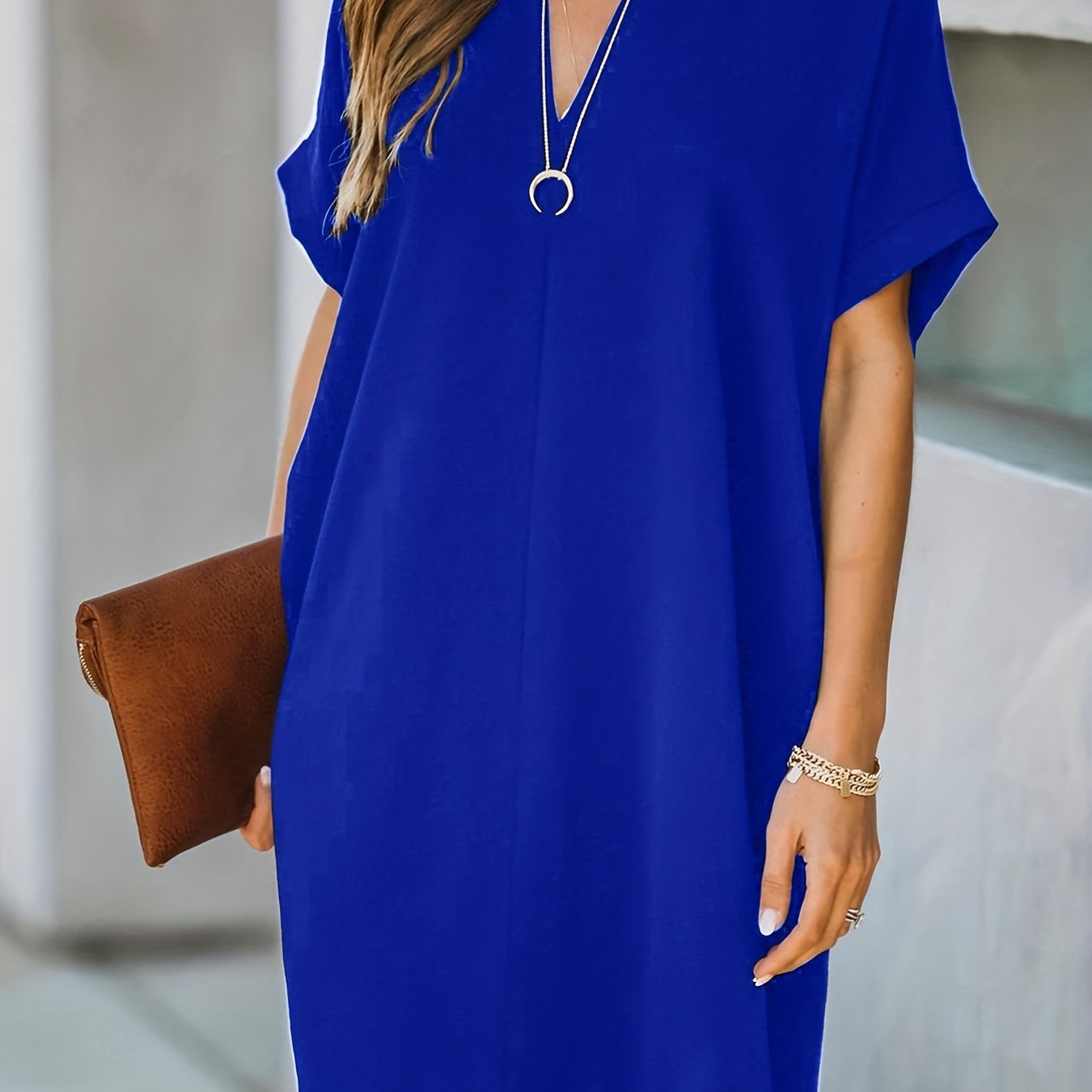 「binfenxie」V Neck Loose Dress, Short Sleeve Casual Every Day Dress, Women's Clothing
