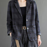 「binfenxie」Literary Cotton Linen Plaid Blazer, Women's Casual Coat