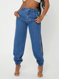 「binfenxie」High Rise Cut Out Side Denim Bloomers, High Waist Elastic Hem Denim Joggers, Women's Denim Jeans & Clothing