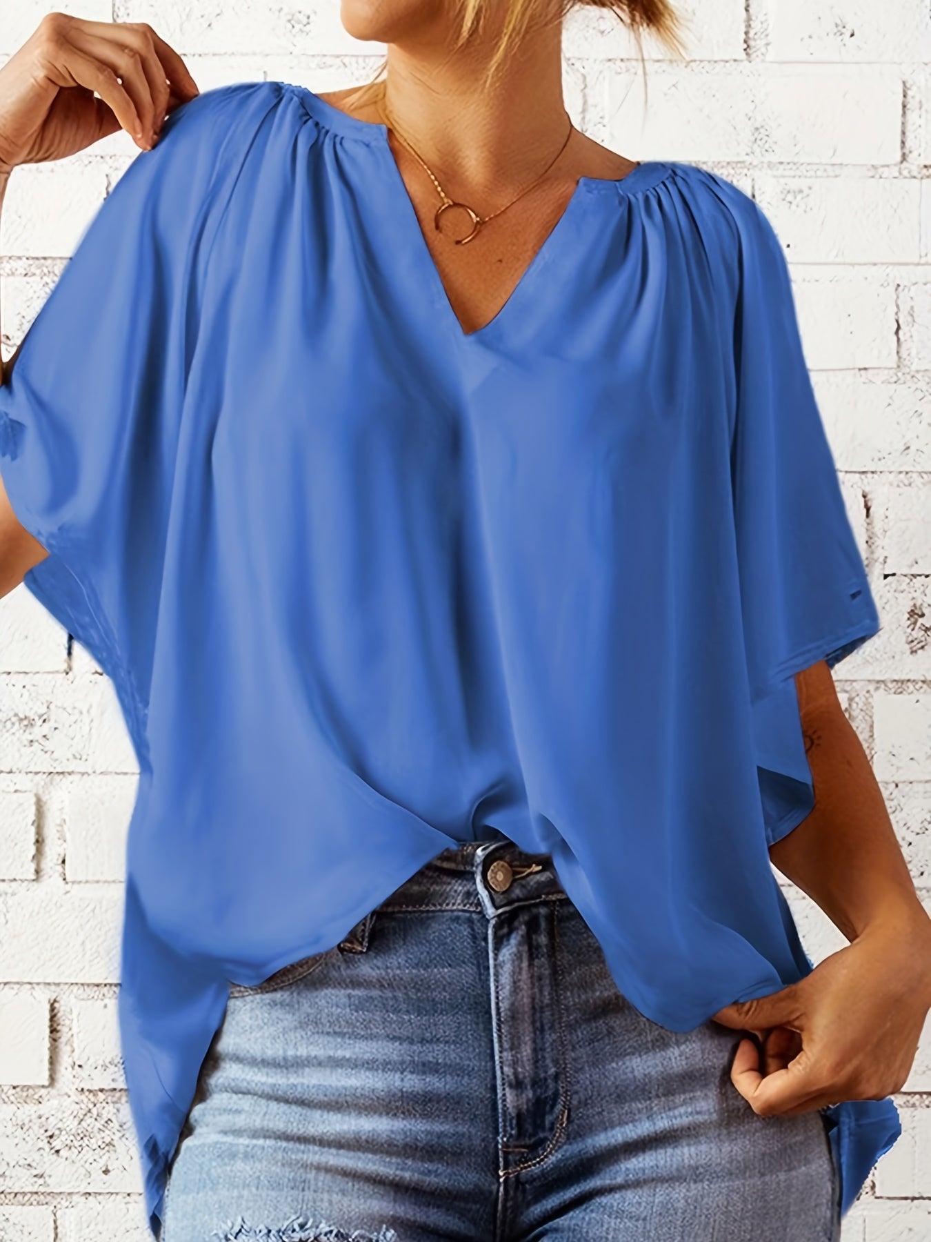 「binfenxie」Notched Neck Loose Blouse, Casual Top For Summer & Spring, Women's Clothing