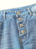 「binfenxie」Blue Loose Fit Straight Jeans, Slash Pockets Single-Breasted Button Versatile Denim Pants, Women's Denim Jeans & Clothing