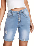 「binfenxie」Solid Rolled Hem Denim Shorts, Slim Fit Ripped Holes Slash Pockets Single-Breasted Button Short Denim Pants, Women's Denim Jeans & Clothing