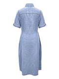 「binfenxie」A-Line Flap Pockets Denim Dress, Rolled Sleeve Button Up V Neck Dress, Casual Lapel Denim Long Dress, Women's Denim Dress & Clothing