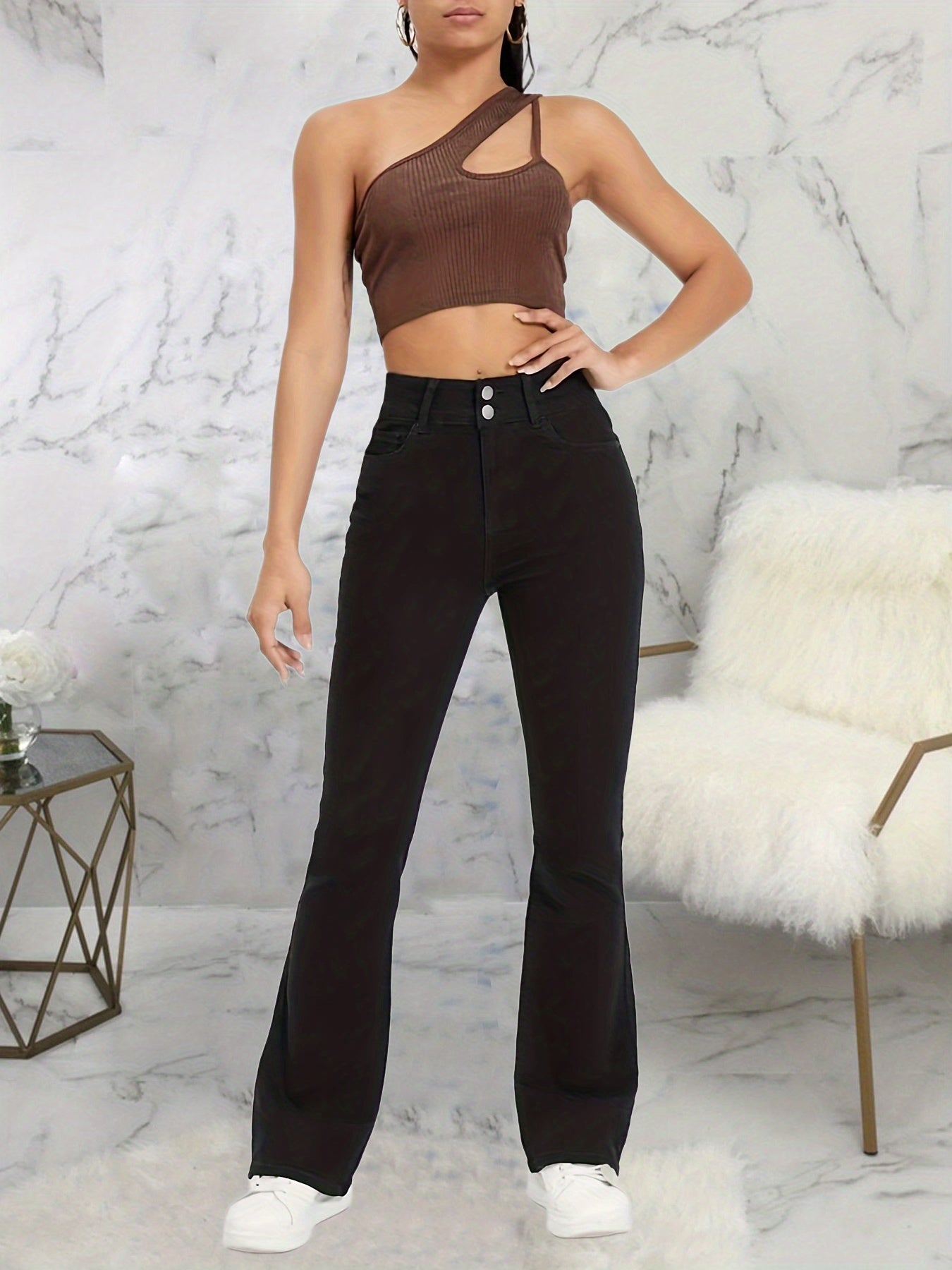 「binfenxie」Black Double Button Wide Leg Jeans, High Rise Mid Strech Street Style Flare Denim Pants, Women's Denim Jeans & Clothing