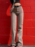 「binfenxie」Light Brown High Waist Straight Leg Jeans, Loose Retro Slash Pocket Long Pants, Women's Denim Jeans & Clothing