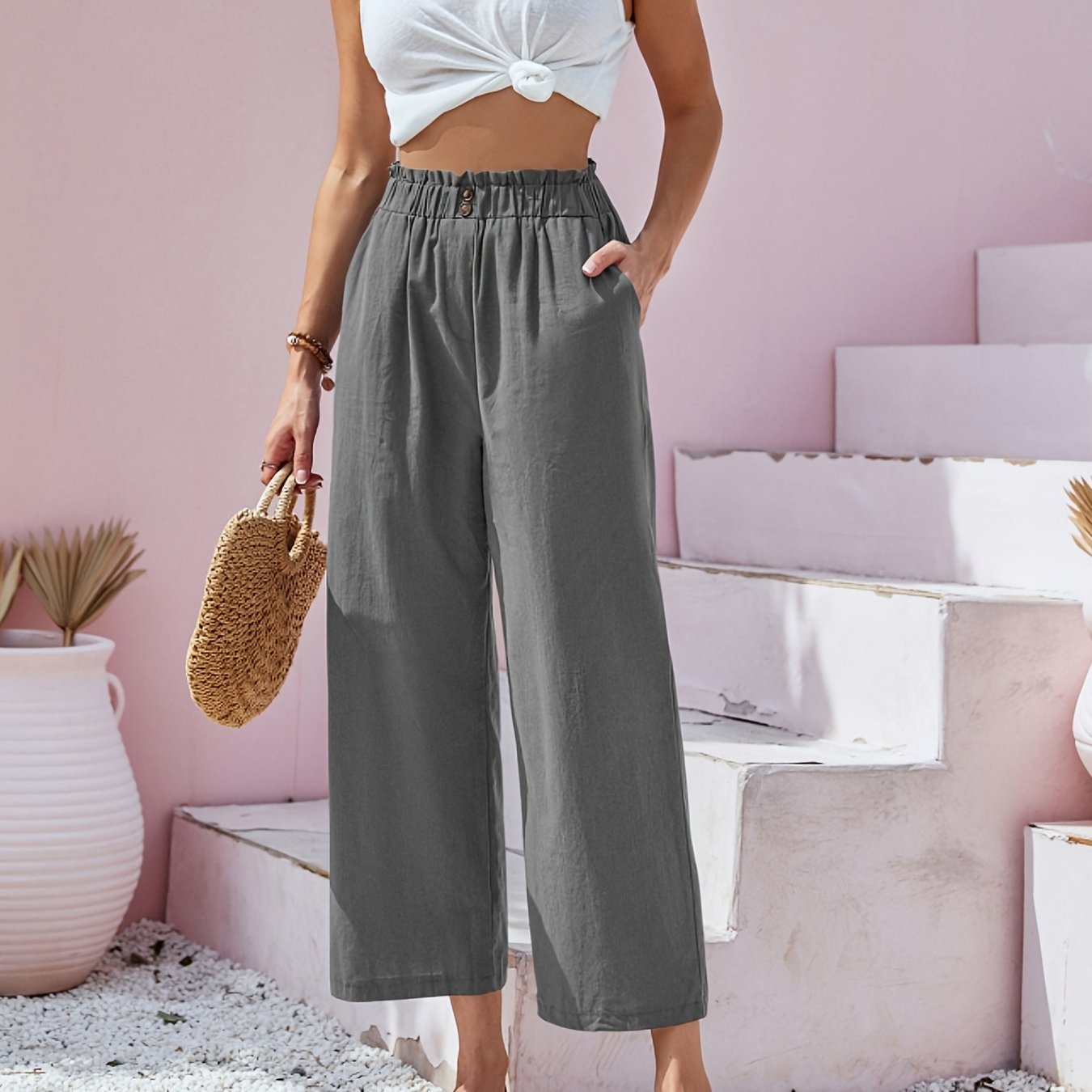 「binfenxie」Button Front Wide Leg Pants, Casual Loose Pants For Spring & Summer, Women's Clothing