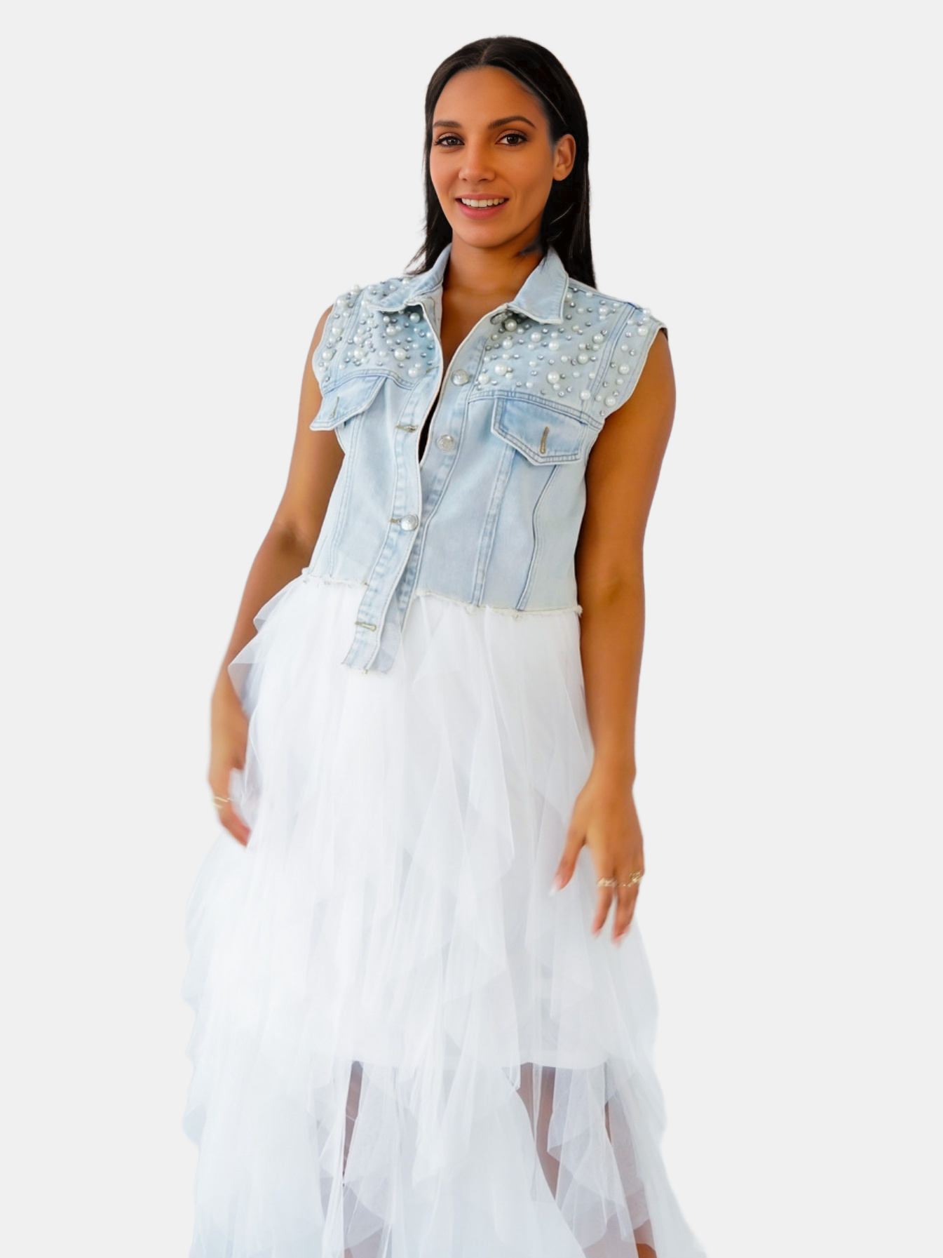 「binfenxie」Pearl Shoulder Deco Raw Hem Flap Pockets Cropped Length Light Blue Color Denim Vest, Coquette Aesthetic Fairy Core Style Women's Denim Jackets & Coats