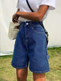 「binfenxie」Navy Blue Casual Denim Shorts, Slash Pockets Straight Legs Non-Stretch Short Denim Pants, Women's Denim Jeans & Clothing