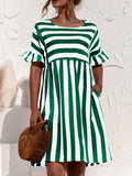 「binfenxie」Short Sleeve Beach Dress, Crew Neck Vacation Casual Dress For Summer & Spring, Women's Clothing