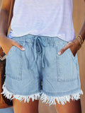 「binfenxie」Raw Hem Short Denim Pants, Elastic Waist Slash Pockets Casual Denim Shorts, Women's Denim Jeans & Clothing