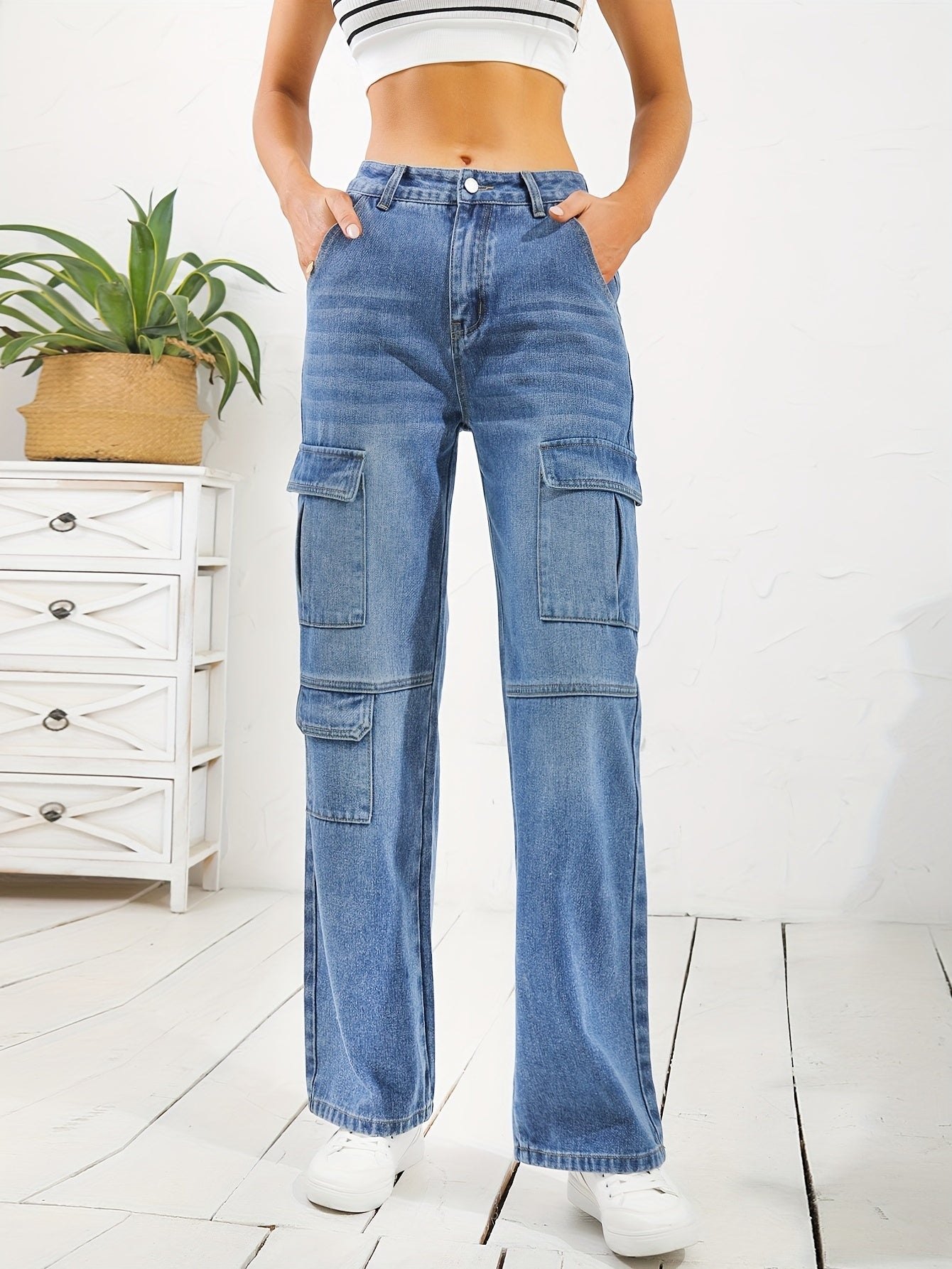 「binfenxie」Flap Cargo Pocket Whiskering Denim Pants, Water Ripple Embossed Crotch Loose Straight Leg Jeans, Causal Pants For Every Day, Women's Denim Jeans & Clothing