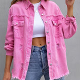 「binfenxie」Pink Raw Hem Oversized Denim Jacket, Flap Pocket Long Sleeve Button Denim Coat, Women's Denim & Clothing