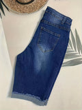 「binfenxie」Raw Hem Cuffed Whiskering Denim Shorts, Stretchy Water Ripple Embossed Stretchy Denim Pants, Casual & Stylish, Women's Denim Jeans & Clothing
