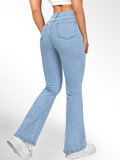 「binfenxie」High Waist High Strech Light Blue Bootcut Jeans, Zipper Button Closure Flare Leg Causal Denim Pants, Women's Denim Jeans & Clothing