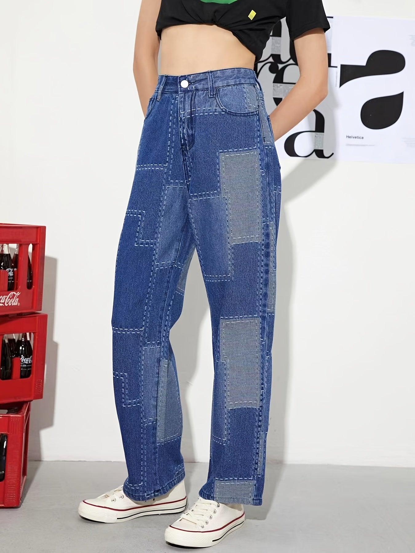 「binfenxie」Colorblock High Waist Straight Jeans, Loose Fit High Rise Non-Stretch Slash Pockets Denim Pants, Women's Denim Jeans & Clothing