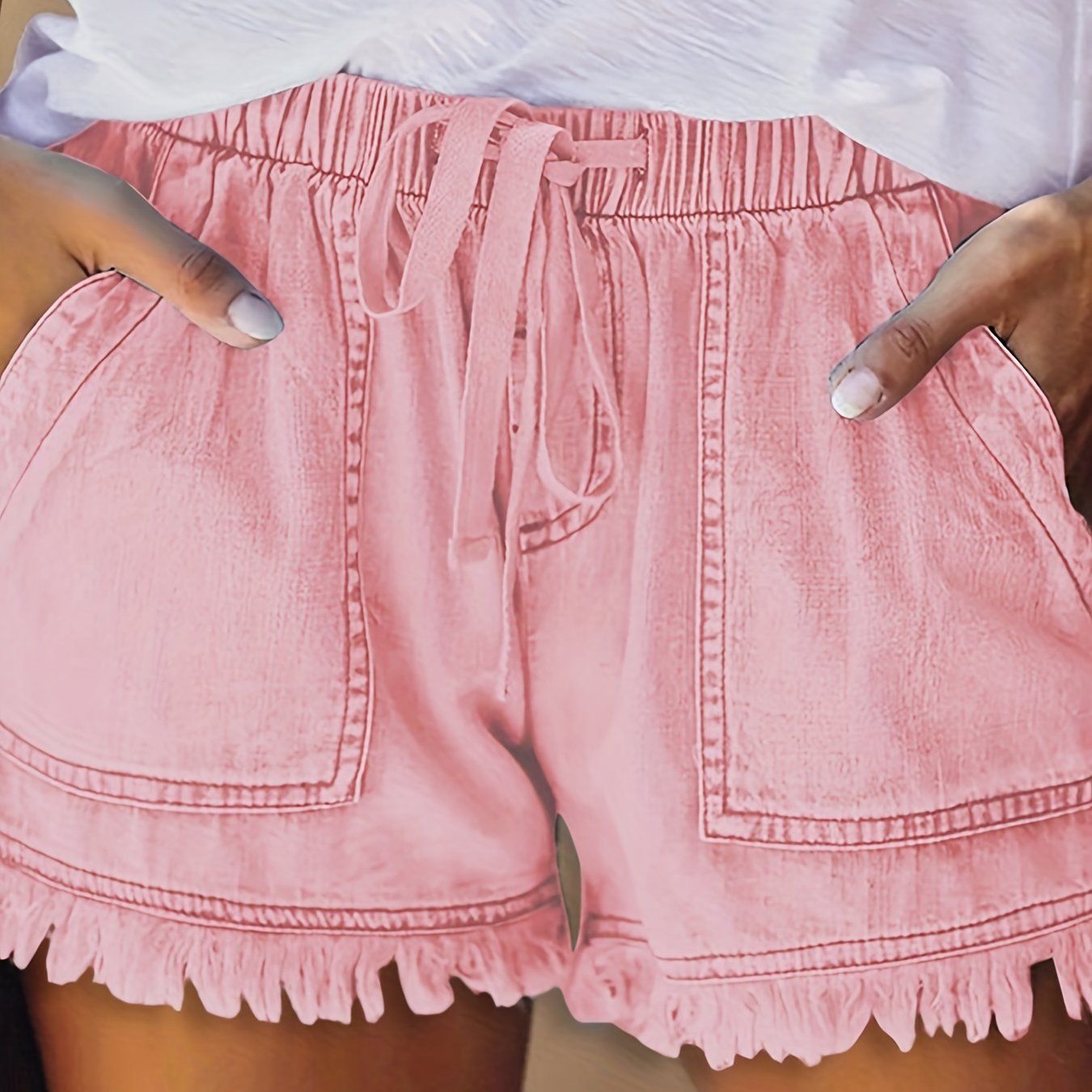 「binfenxie」Raw Hem Short Denim Pants, Elastic Waist Slash Pockets Casual Denim Shorts, Women's Denim Jeans & Clothing