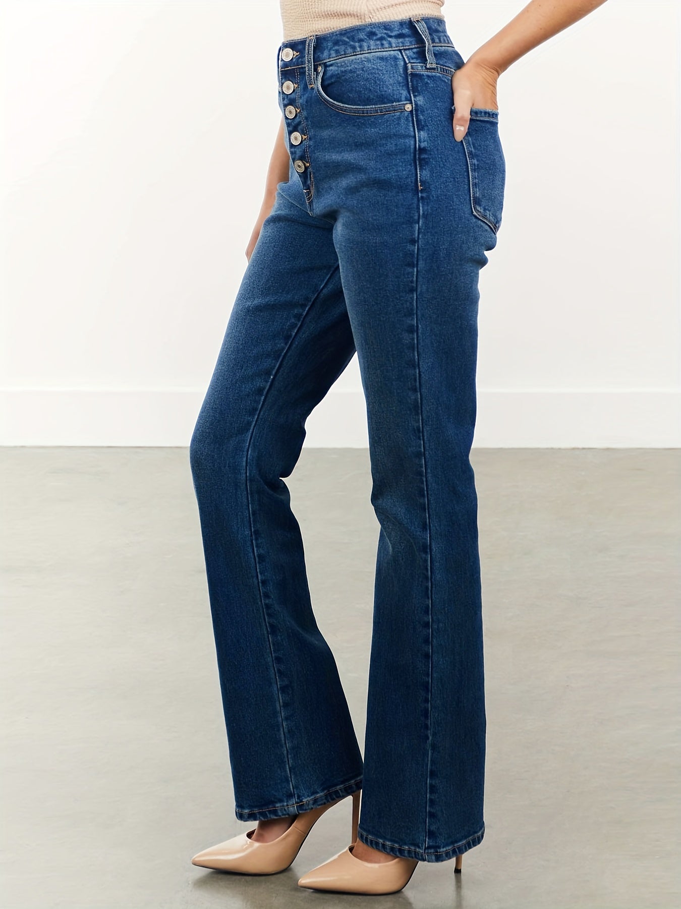 「binfenxie」Single-breasted Mid Rise Bootcut Jeans, Whiskering High Strech Bell Bottoms Denim Pants, Elegant Pants For Every Day, Women's Denim Jeans & Clothing
