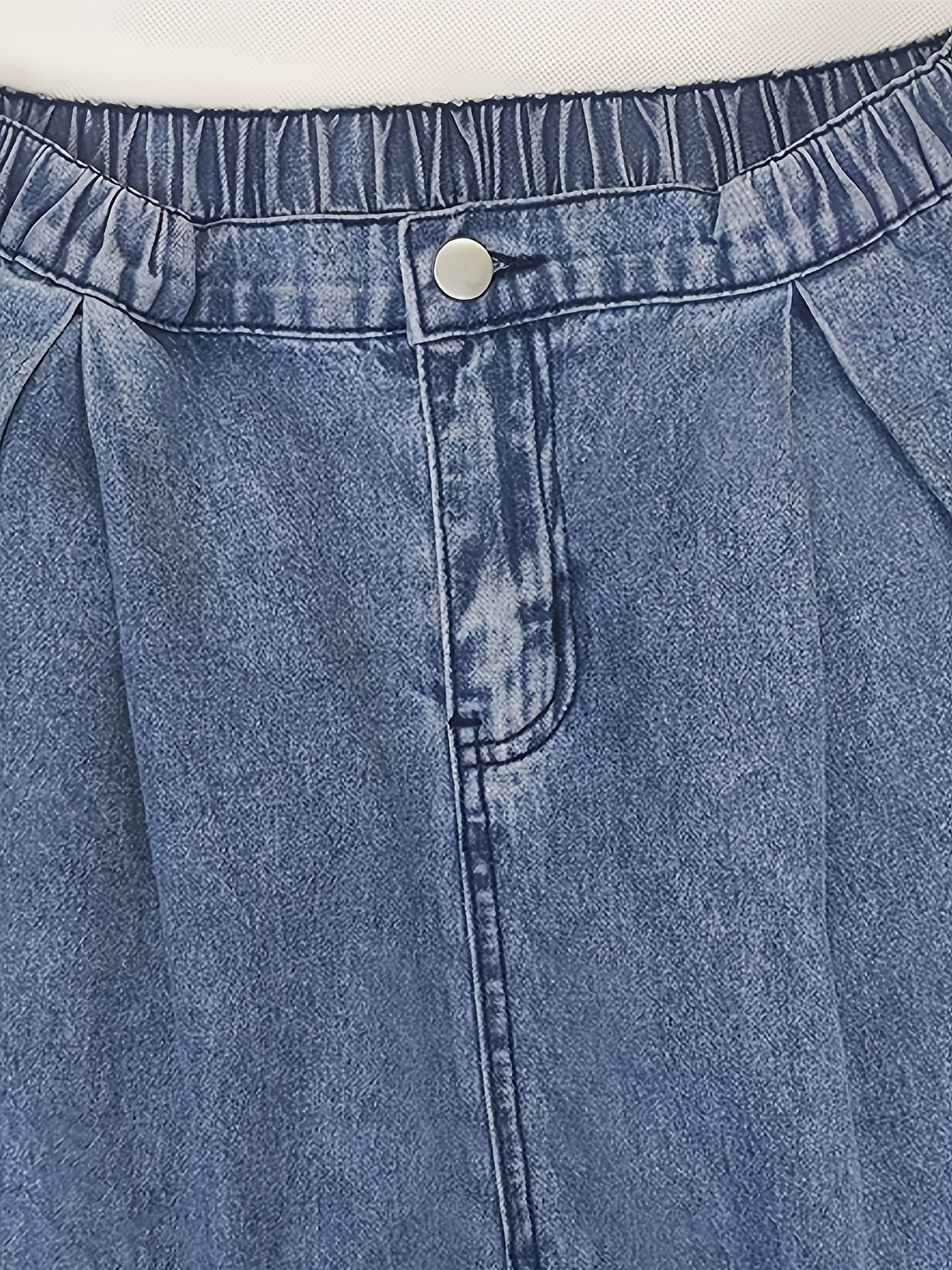 「binfenxie」Blue Elastic Waist Denim Pants, Loose Fit Slight-Stretch Slash Pockets Baggy Straight Jeans, Women's Denim Jeans & Clothing