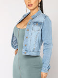 「binfenxie」Blue Long Sleeves Denim Coats, Single-Breasted Button Flap Pockets Lapel Denim Jackets, Women's Denim Clothing