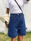 「binfenxie」Navy Blue Casual Denim Shorts, Slash Pockets Straight Legs Non-Stretch Short Denim Pants, Women's Denim Jeans & Clothing