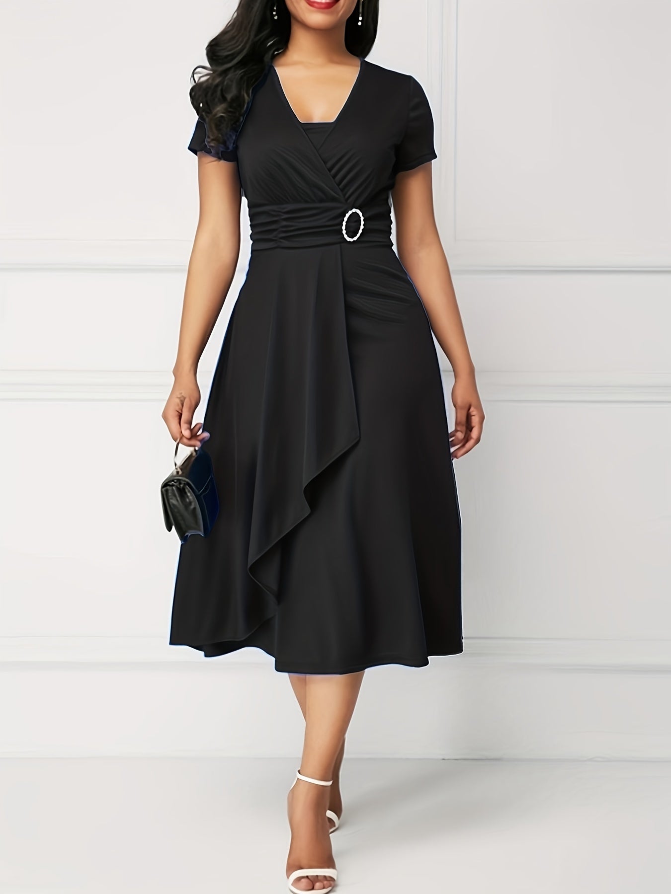 「binfenxie」Asymmetrical V Neck Dress, Vintage Short Sleeve Slim Waist Comfy Dress, Women's Clothing