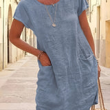 「binfenxie」Round Neck Pocket Dress, Casual Loose Solid Short Sleeve Spring Summer Knee-Length Dresses, Women's Clothing