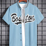 「binfenxie」Men's Baseball Collar Short-sleeved Letter Printed Button Up Trendy Cool Casual Shirt
