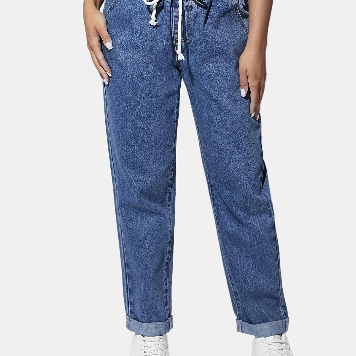 「binfenxie」Blue Elastic Waist Straight Jeans, Loose Fit Slash Pockets Drawstring Denim Pants, Women's Denim Jeans & Clothing