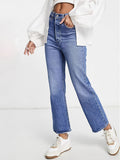 「binfenxie」Washed Blue Boot-Cut Denim Pants, High Waist Slash Pockets Wide Leg Flare Leg Jeans, Women's Denim Jeans & Clothing