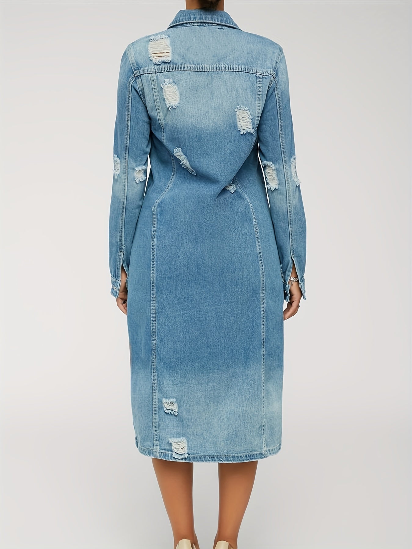 「binfenxie」Distressed Front Long Sleeve Flap Pocket Knee Length Washed Blue Denim Dress Denim Jacket Long Coat, Women's Denim Jackets & Coats
