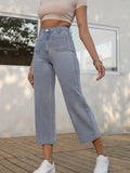 「binfenxie」High Waist Raw Hem Wide Leg Jeans, Solid Color Patch Pockets Loose Denim Pants, Women's Denim Jeans & Clothing