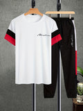 「binfenxie」Men's Colorblock Casual T-shirt Outfit Set, 2 Pieces Round Neck Short Sleeve Tees And Drawstring Long Pants