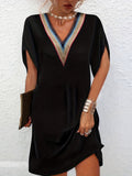 「binfenxie」Guipure Lace Trim Dress, Casual V Neck Short Sleeve Dress, Women's Clothing
