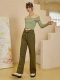 「binfenxie」Olive Green Fayed Hem Jeans, Solid Color Slant Pocket Straight Leg Denim Pants, Women's Denim Jeans & Clothing