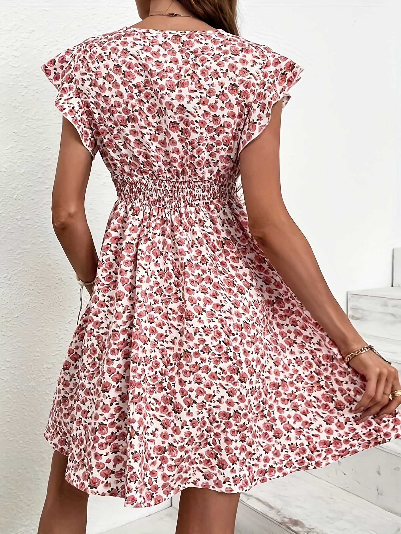 「binfenxie」Floral Print V Neck Vacation Dress, Smocked Waist Ruffle Sleeve Casual Dress For Summer & Spring, Women's Clothing