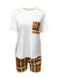 「binfenxie」Casual Plaid Two-piece Shorts Set, Short Sleeve T-shirt & Slant Pockets Shorts Outfits, Women's Clothing