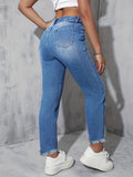 「binfenxie」Ripped Raw Hem Denim Pants, Slash Pockets Casual Straight Leg Jeans, Women's Denim Jeans & Clothing