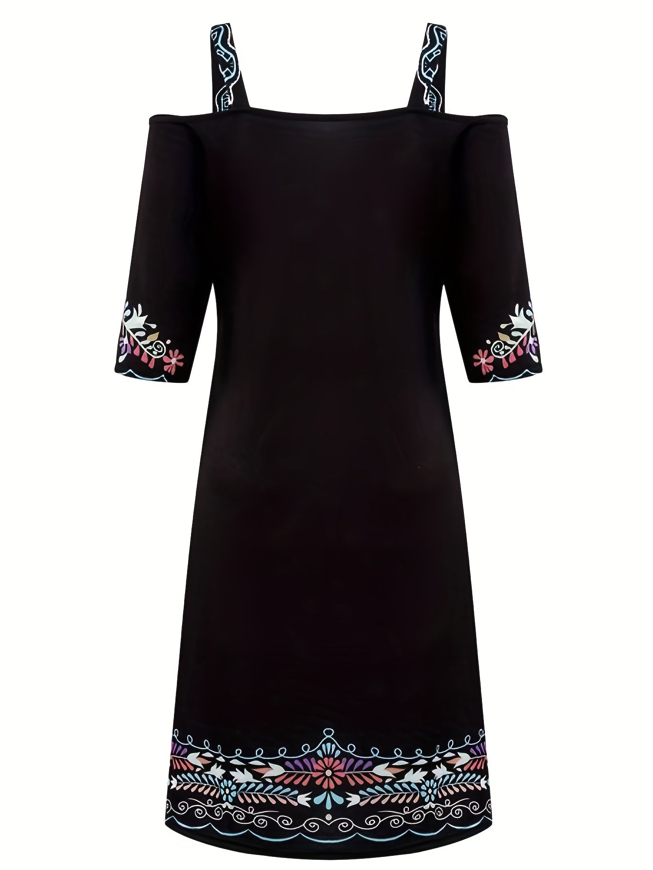 「binfenxie」Ethnic Print Off Shoulder Dress, Boho V Neck Half Sleeve Cami Dress, Women's Clothing