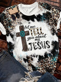 「binfenxie」Let Me Tell You About My Jesus Letter & Cross Print T-shirt, Casual Vintage Leopard Short Sleeve T-shirt, Women's Clothing
