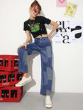「binfenxie」Colorblock High Waist Straight Jeans, Loose Fit High Rise Non-Stretch Slash Pockets Denim Pants, Women's Denim Jeans & Clothing