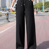 「binfenxie」Minimalist Solid Drawstring Pants, Casual Long Length Elastic Waist Wide Leg Pants, Women's Clothing